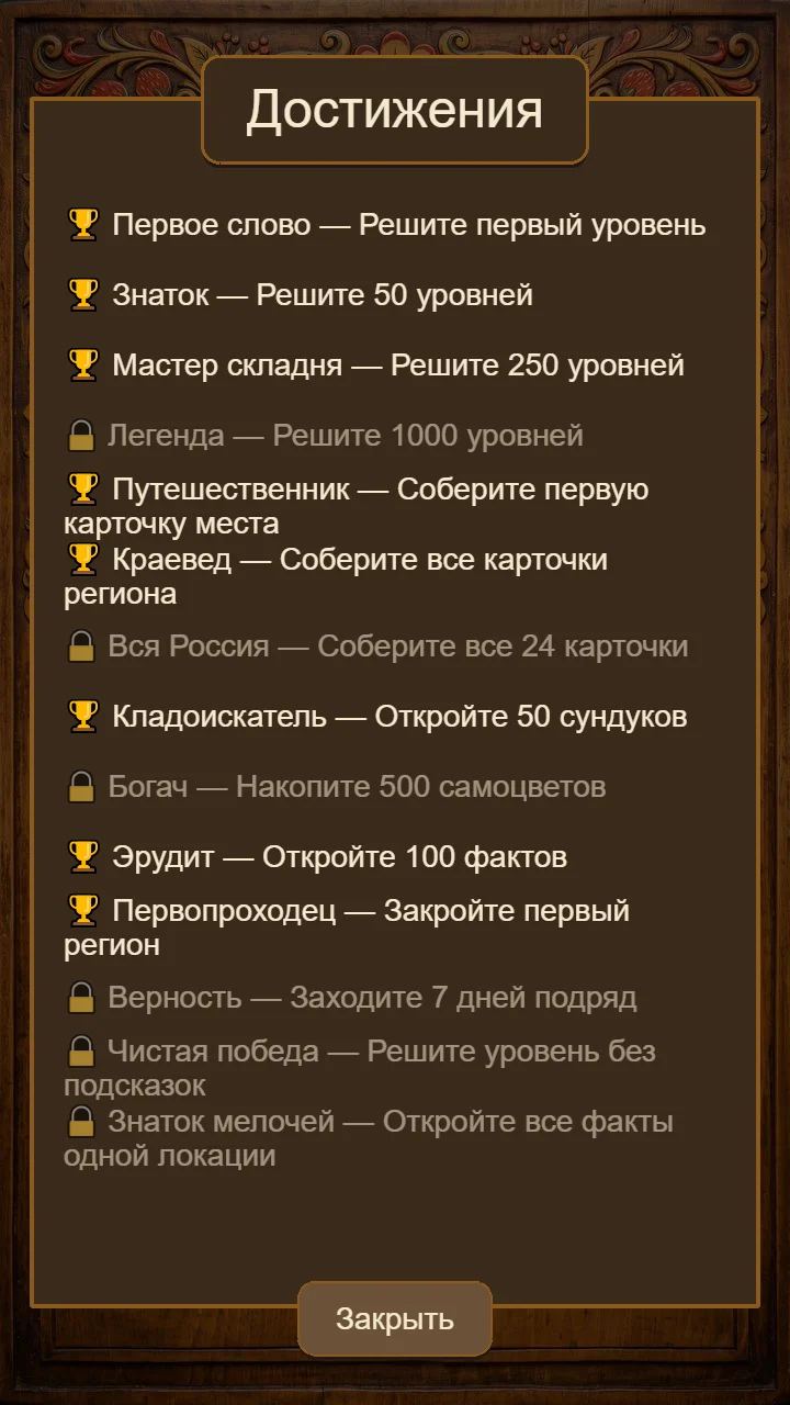 Достижения и статистика прохождения